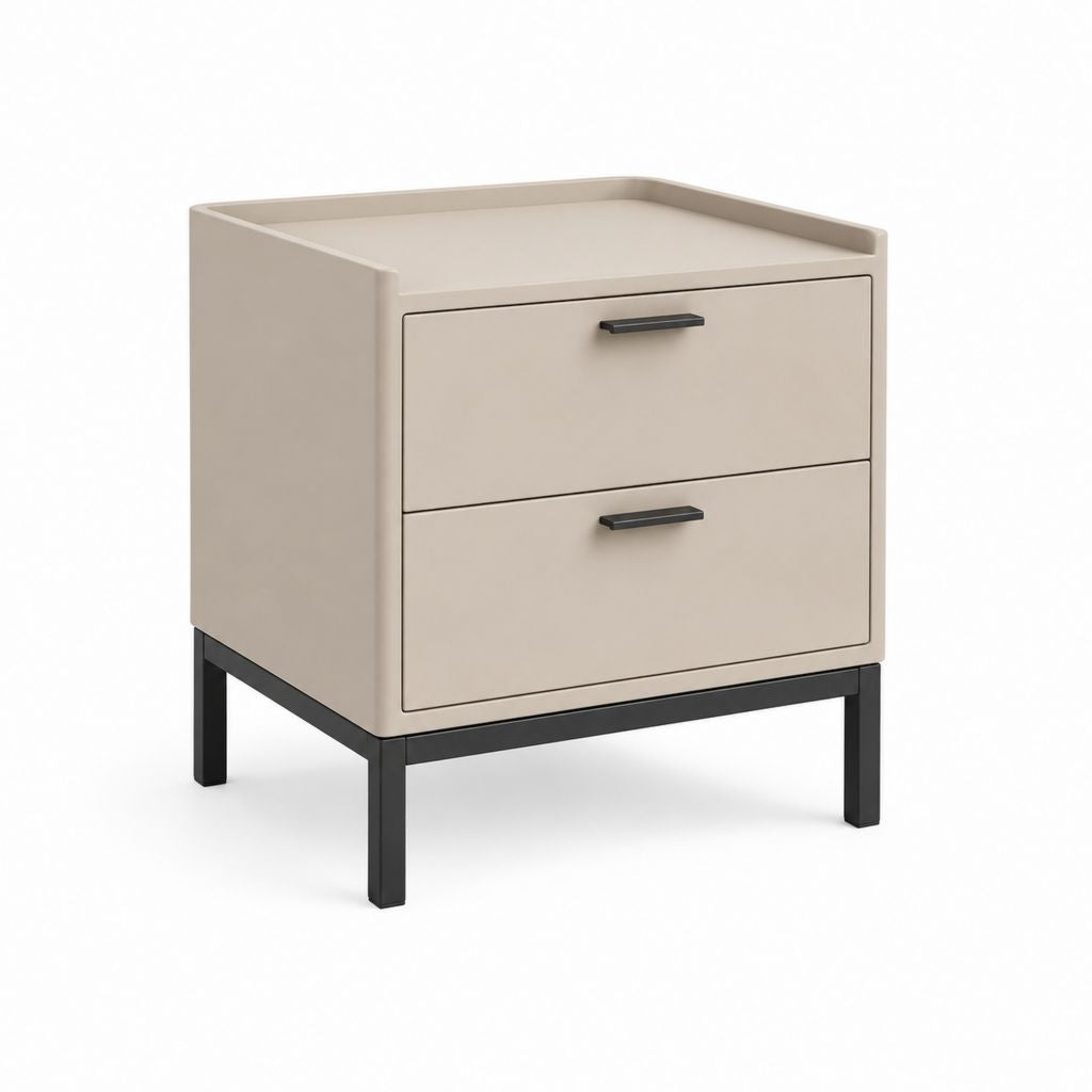 Table de chevet beige en MDF mélaminé avec 2 tiroirs et piètement acier 45 x 40 x 60 cm