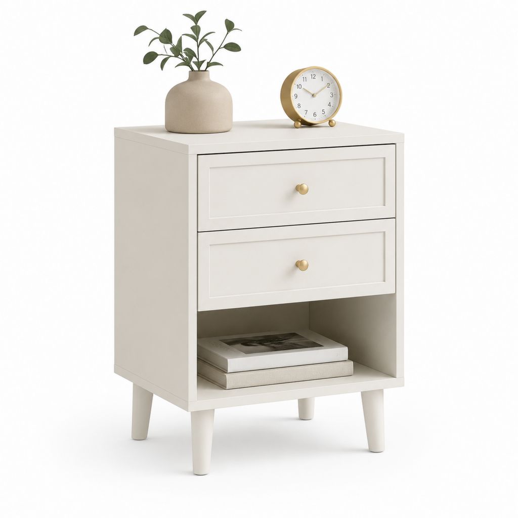 Table de chevet rectangulaire blanc cassé en panneaux MDF 45 x 35 x 65 cm avec 2 tiroirs et niche ouverte