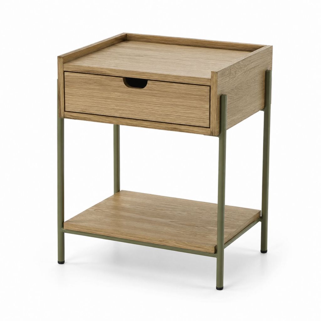 Table d’appoint avec tiroir chêne clair et acier vert kaki 45 x 40 x 60 cm