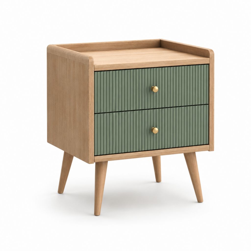 Table de chevet 2 tiroirs vert sauge et chêne MDF 45 x 35 x 60 cm