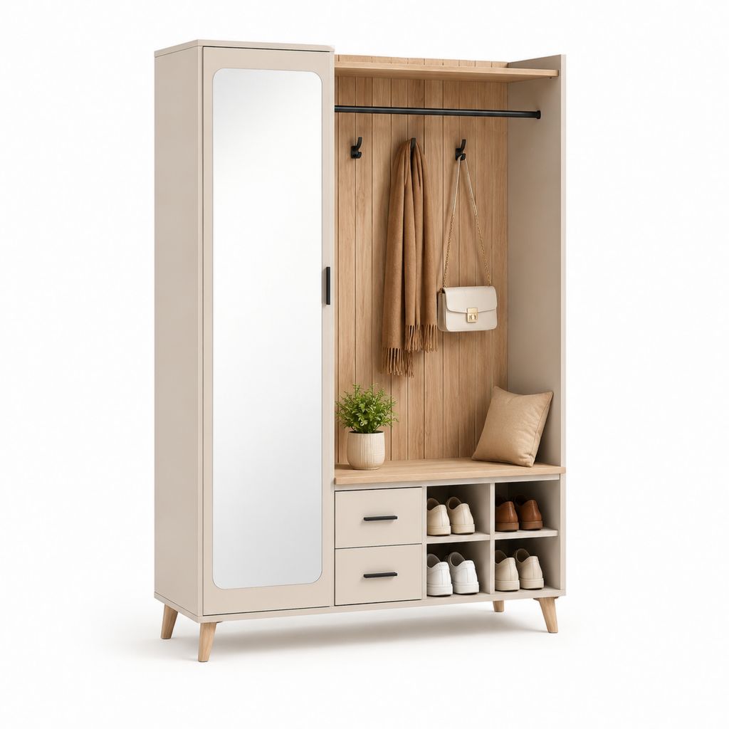 Vestiaire d'entrée avec miroir beige et chêne en panneaux de particules 120 x 40 x 180 cm