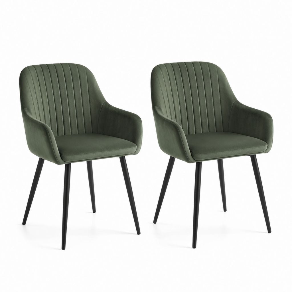 Lot de 2 chaises de salle à manger vert foncé en polyester effet velours avec accoudoirs et pieds en acier 58 x 61 x 83 cm