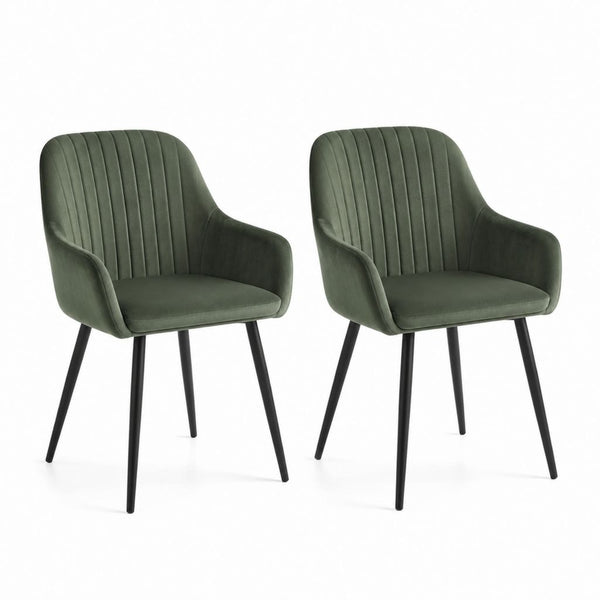 Lot de 2 chaises de salle à manger vert foncé en polyester effet velours avec accoudoirs et pieds en acier 58 x 61 x 83 cm