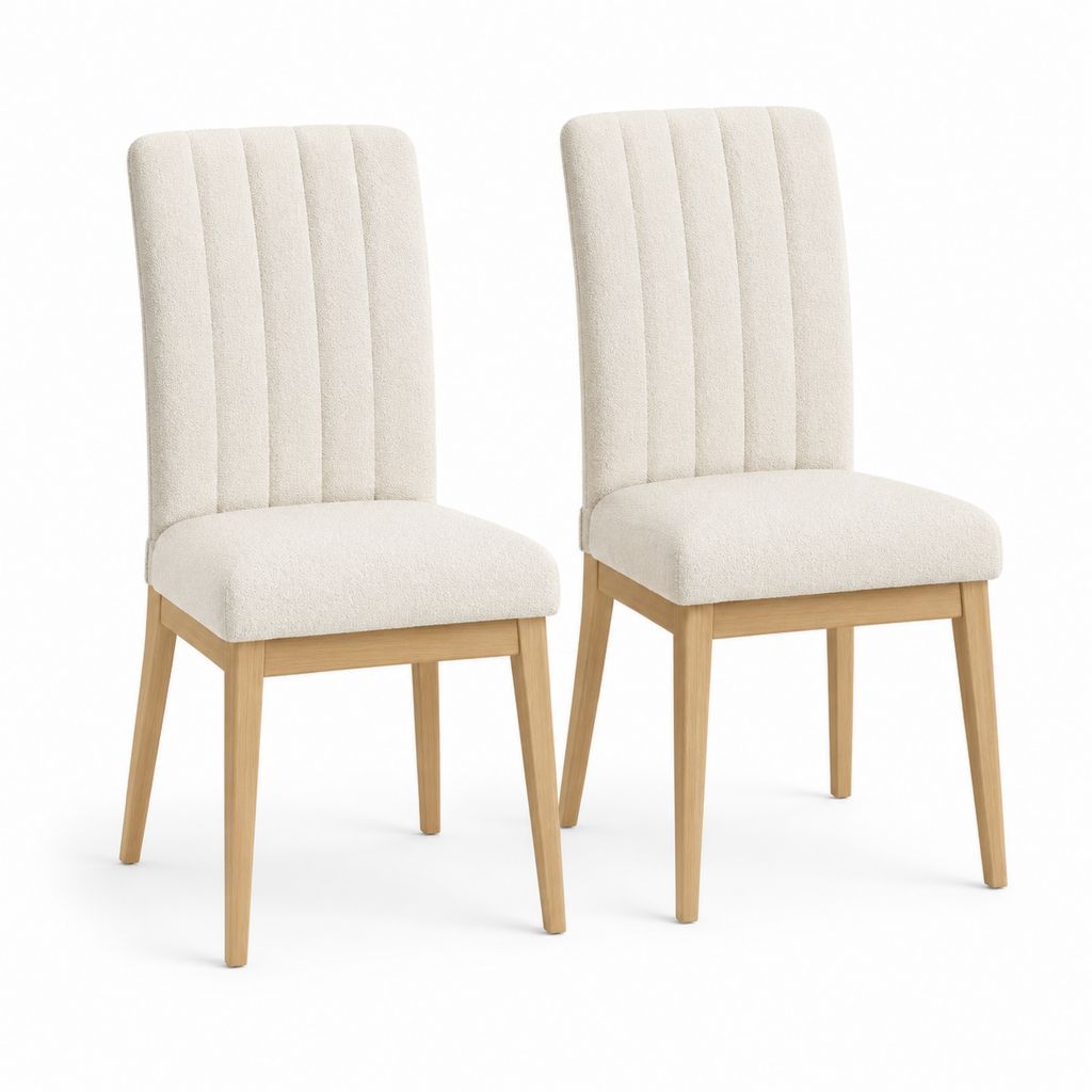 Lot de 2 chaises de salle à manger blanc cassé en polyester bouclette et bois d'hévéa 48 x 58 x 96 cm