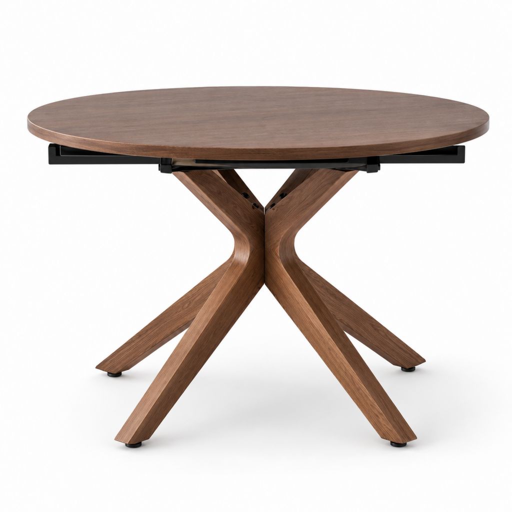 Table à manger ronde extensible noyer en MDF plaqué noyer et acier 120-160 cm x 75 cm