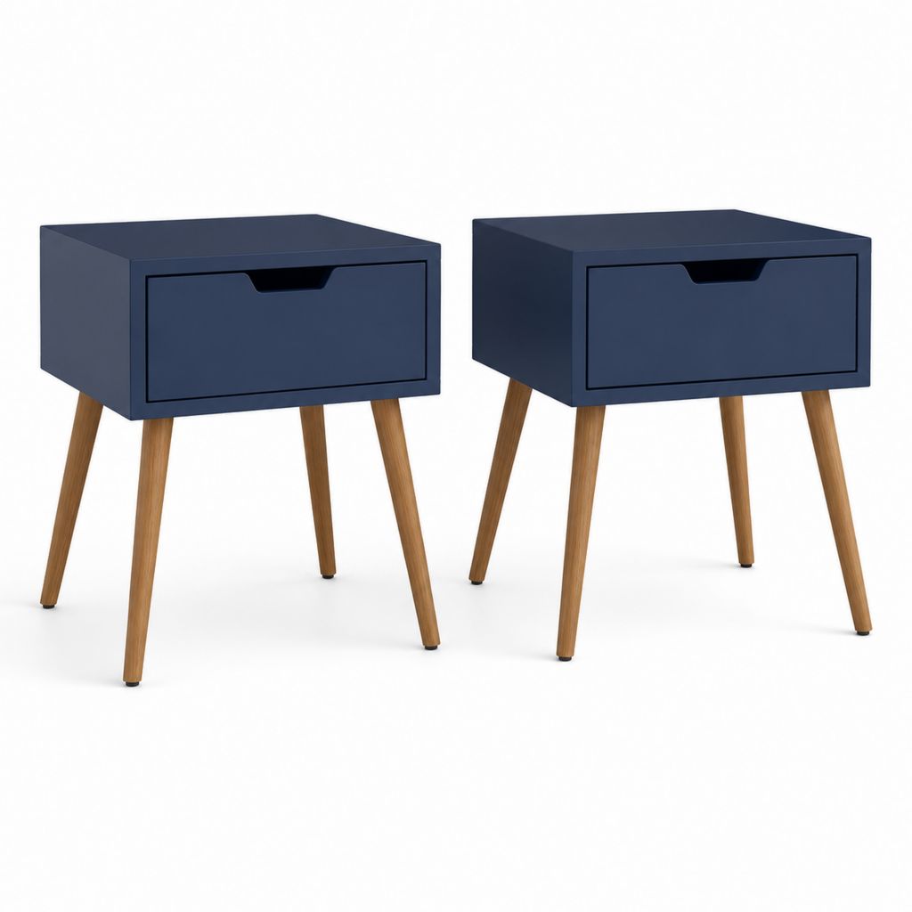 Lot de 2 tables de chevet bleu nuit en MDF avec pieds en pin massif 40 x 30 x 60 cm