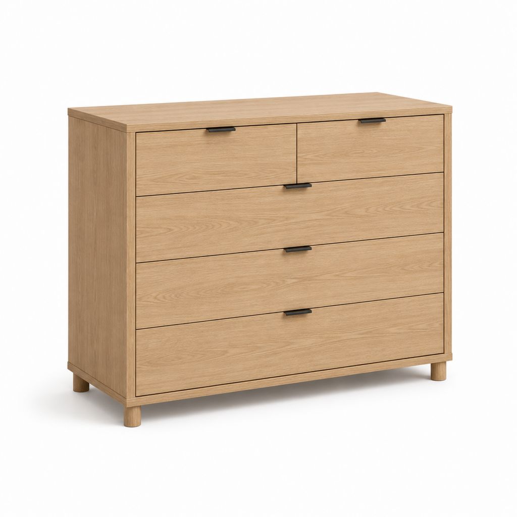 Commode basse 5 tiroirs chêne clair en panneaux plaqués chêne 120 x 40 x 90 cm