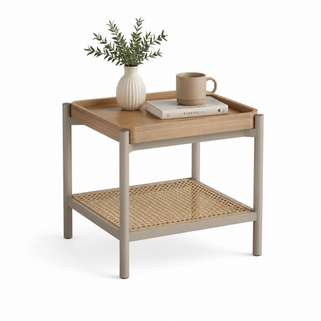 Table d'appoint rectangulaire beige en MDF plaqué chêne et cannage de rotin 55 x 45 x 55 cm