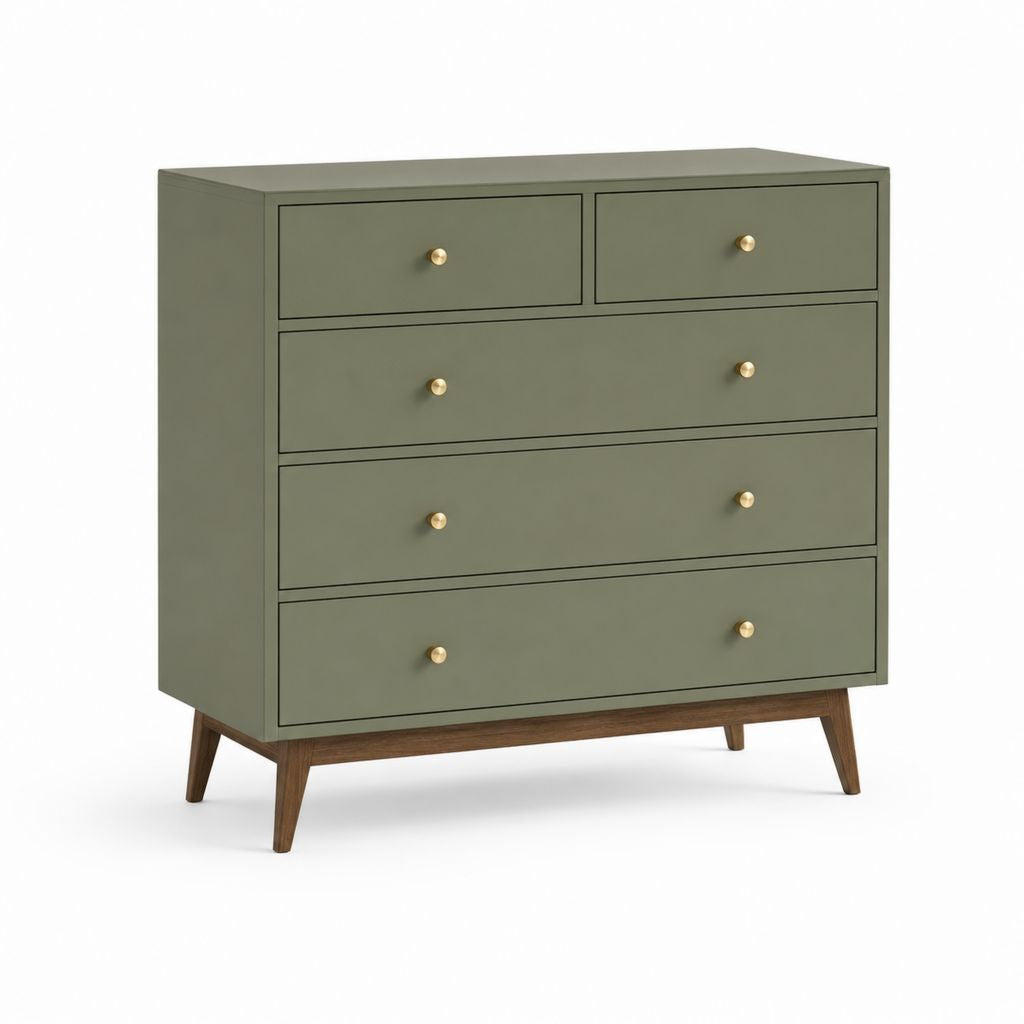 Commode basse 6 tiroirs vert olive en panneaux MDF 100 x 45 x 90 cm